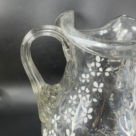 Antique Enameled Glass Pitcher Jug Hand Blown Optic Dot Manganese 365nm Green UV - Picture 11 of 16